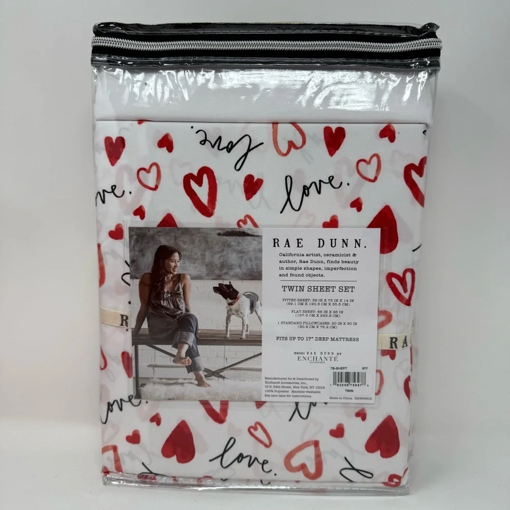 Rae Dunn Twin sheet set Love heart Valentines Day red white NWT